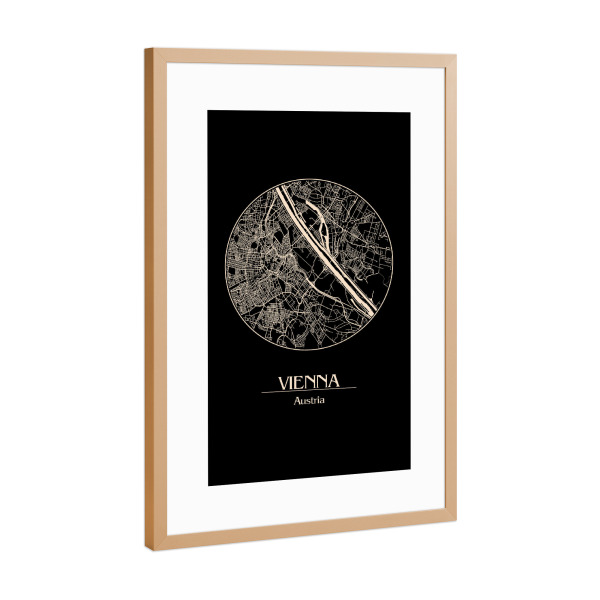 Poster mit Rahmen Kupfer "Retro Map Vienna Austria" artboxONE - Städte,Schwarzweiß,Städte / Wien - Map,Vienna,Austria,Wien,österreich,Europa,Mozart