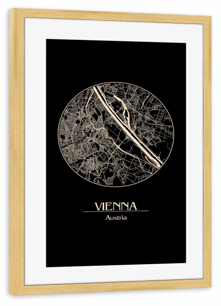 Poster mit Rahmen kiefer "Retro Map Vienna Austria" artboxONE - Städte,Schwarzweiß,Städte / Wien - Map,Vienna,Austria,Wien,österreich,Europa,Mozart