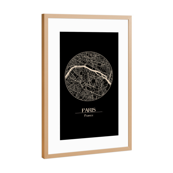 Poster mit Rahmen Kupfer "Retro Map of Paris France" artboxONE - Städte,Schwarzweiß,Städte / Paris - Map,Paris,France