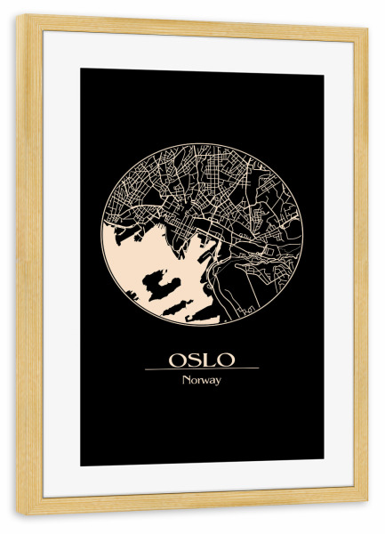 Poster mit Rahmen kiefer "Retro Map of Oslo Norway" artboxONE - Städte,Schwarzweiß,Städte / Weitere - Map,Oslo,Norway