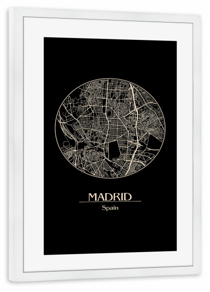 Poster mit Rahmen weiß "Retro Map of Madrid Spain" artboxONE - Städte,Schwarzweiß,Städte / Weitere - Map,Madrid,Spain,Spanien