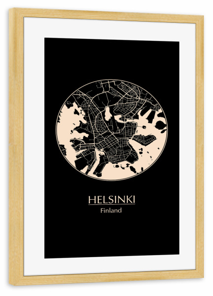 Poster mit Rahmen kiefer "Retro Map of Helsinki Finland" artboxONE - Städte,Schwarzweiß,Städte / Weitere - Map,Helsinki,Finland