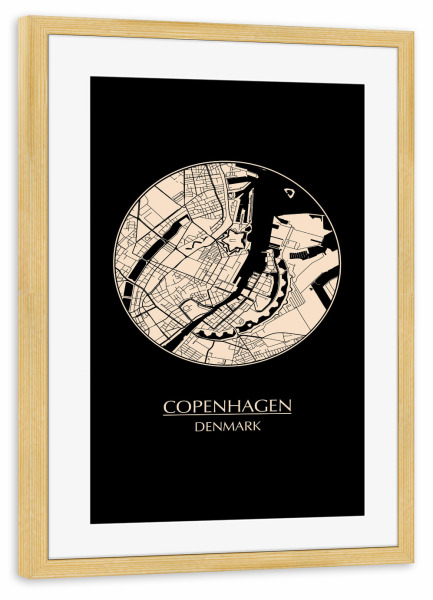 Poster mit Rahmen kiefer "Retro Map of Copenhagen Denmark" artboxONE - Schwarzweiß,Städte / Weitere - \map,Copenhagen,Denmark,Kopenhagen,Dänemark