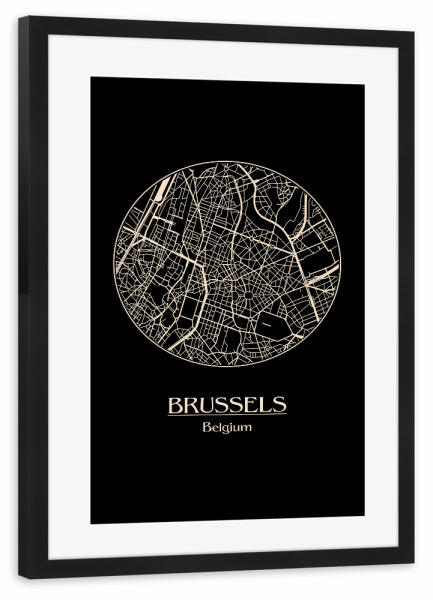 Poster mit Rahmen schwarz "Retro Map of Brussels Belgiuim" artboxONE - Städte,Reise,Schwarzweiß,Städte / Weitere