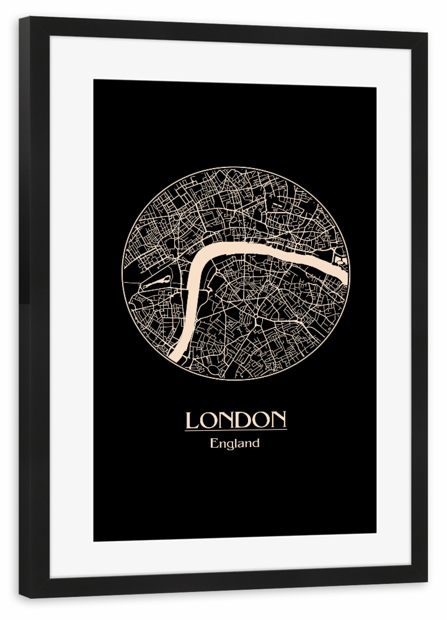 Poster mit Rahmen schwarz "Retro Map of London" artboxONE - Städte / London,Schwarzweiß - Map,London,England,United kingdom,Big ben,Uk,England