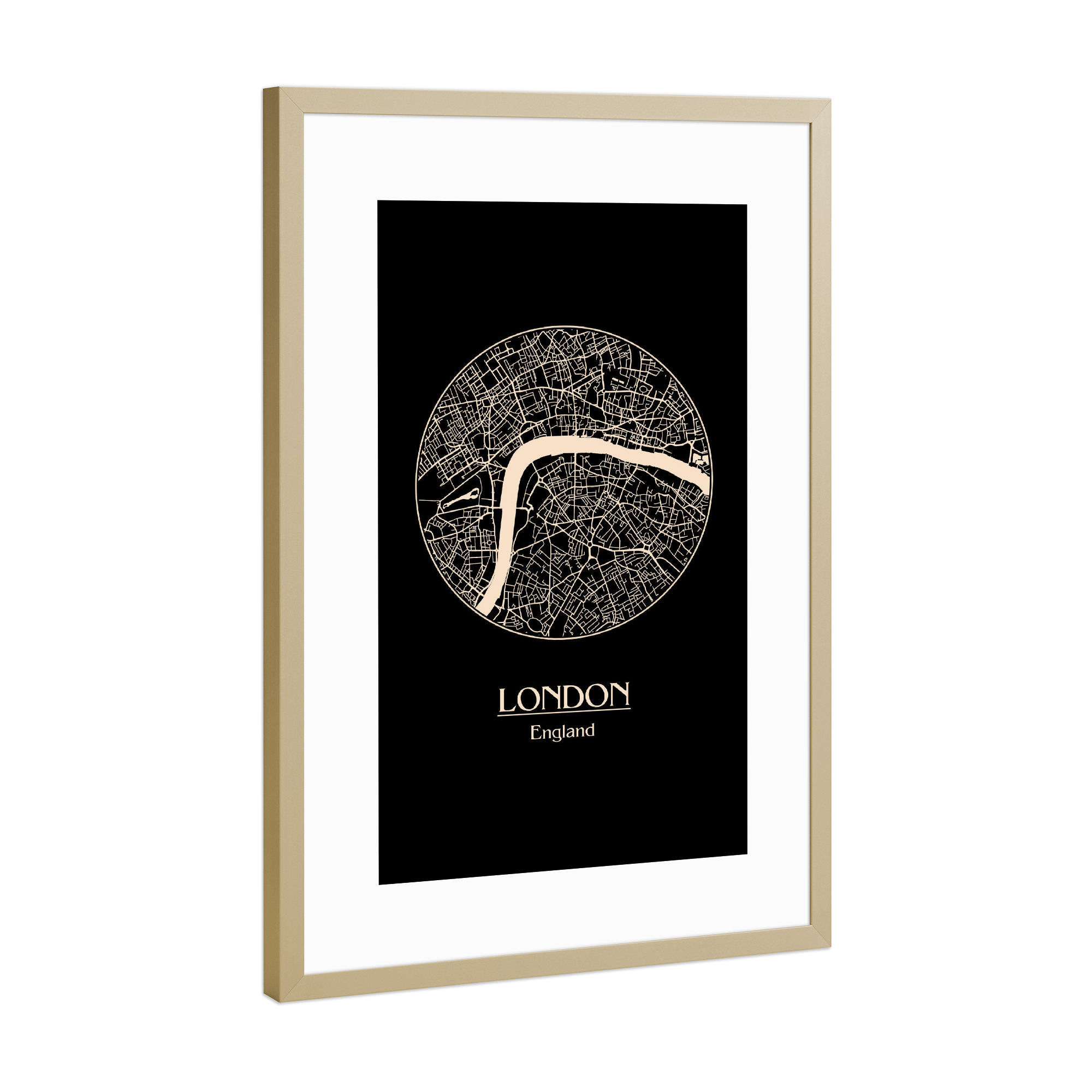 Poster mit Rahmen Gold "Retro Map of London" artboxONE - Städte / London,Schwarzweiß - Map,London,England,United kingdom,Big ben,Uk,England