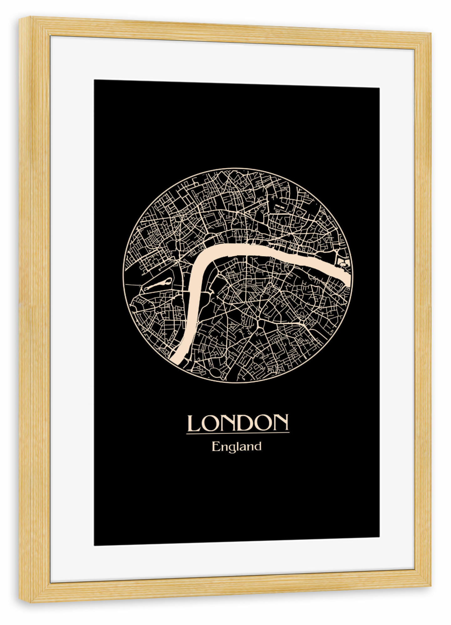 Poster mit Rahmen kiefer "Retro Map of London" artboxONE - Städte / London,Schwarzweiß - Map,London,England,United kingdom,Big ben,Uk,England