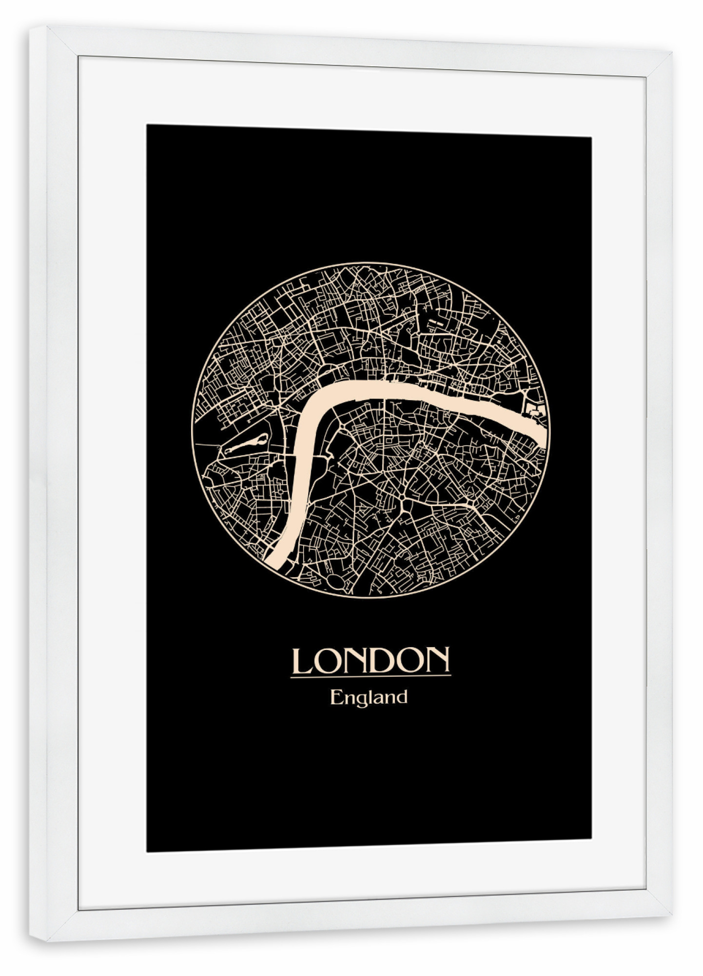 Poster mit Rahmen weiß "Retro Map of London" artboxONE - Städte / London,Schwarzweiß - Map,London,England,United kingdom,Big ben,Uk,England