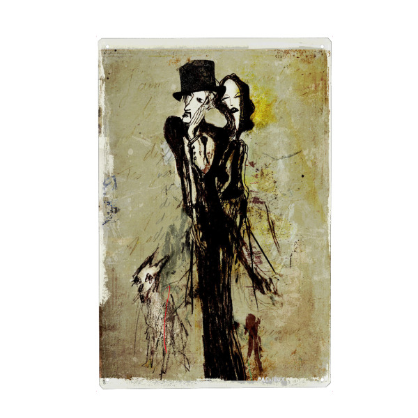 Holzbild "Le temps des poètes" artboxONE - Fashion - Fashion,Illustration,Koople,Dog,Paar,Hund,Tier artwork,Drawing,Typography,Mixed,Media