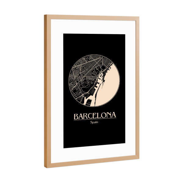 Poster mit Rahmen Kupfer "Retro Map of Barcelona" artboxONE - Städte,Reise,Schwarzweiß,Städte / Barcelona - Map,Barcelona,Spain,Black,Spanien