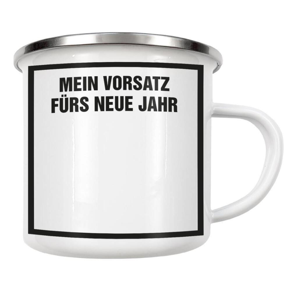 Emaille Tasse "Neujahrsvorsätze weiß-schwarz" artboxONE - Typografie,Schwarzweiß,Musik,Essen & Trinken / Alkohol,Lustig