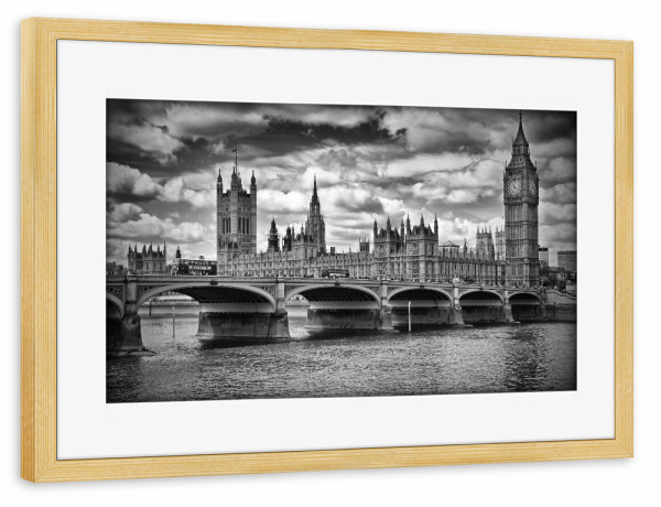 Poster mit Rahmen kiefer "LONDON Houses of Parliament & Westminster Bridge" artboxONE - Städte,Städte / London,Schwarzweiß,Reise / Länder
