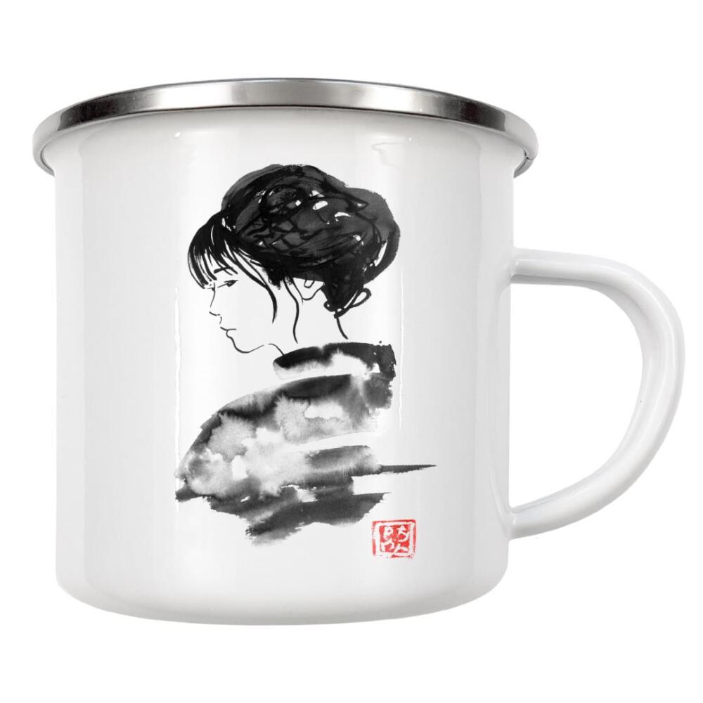 Emaille Tasse "Aquarell-Kimono" artboxONE - Menschen,Schwarzweiß,Reise / Asien - Kimono,Geisha,Sumie,Japan,Frau,Schwarzweiß