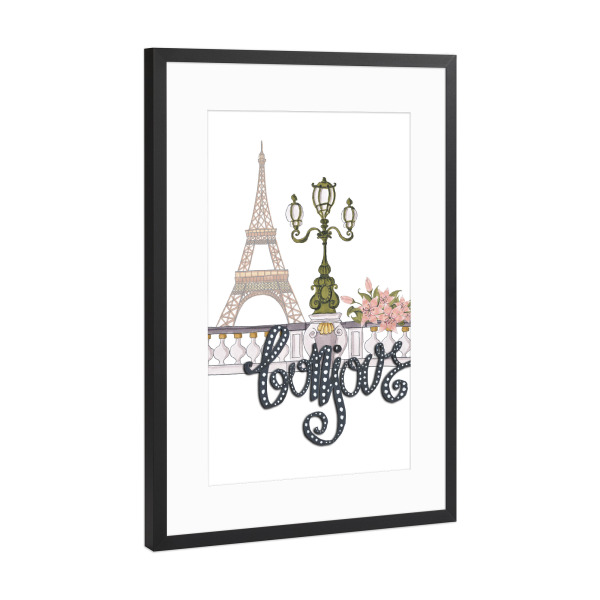 Poster mit Rahmen Schwarz (Metallic) "Bonjour" artboxONE - Typografie,Natur,Reise,Floral,Schwarzweiß,Städte / Paris,Fashion