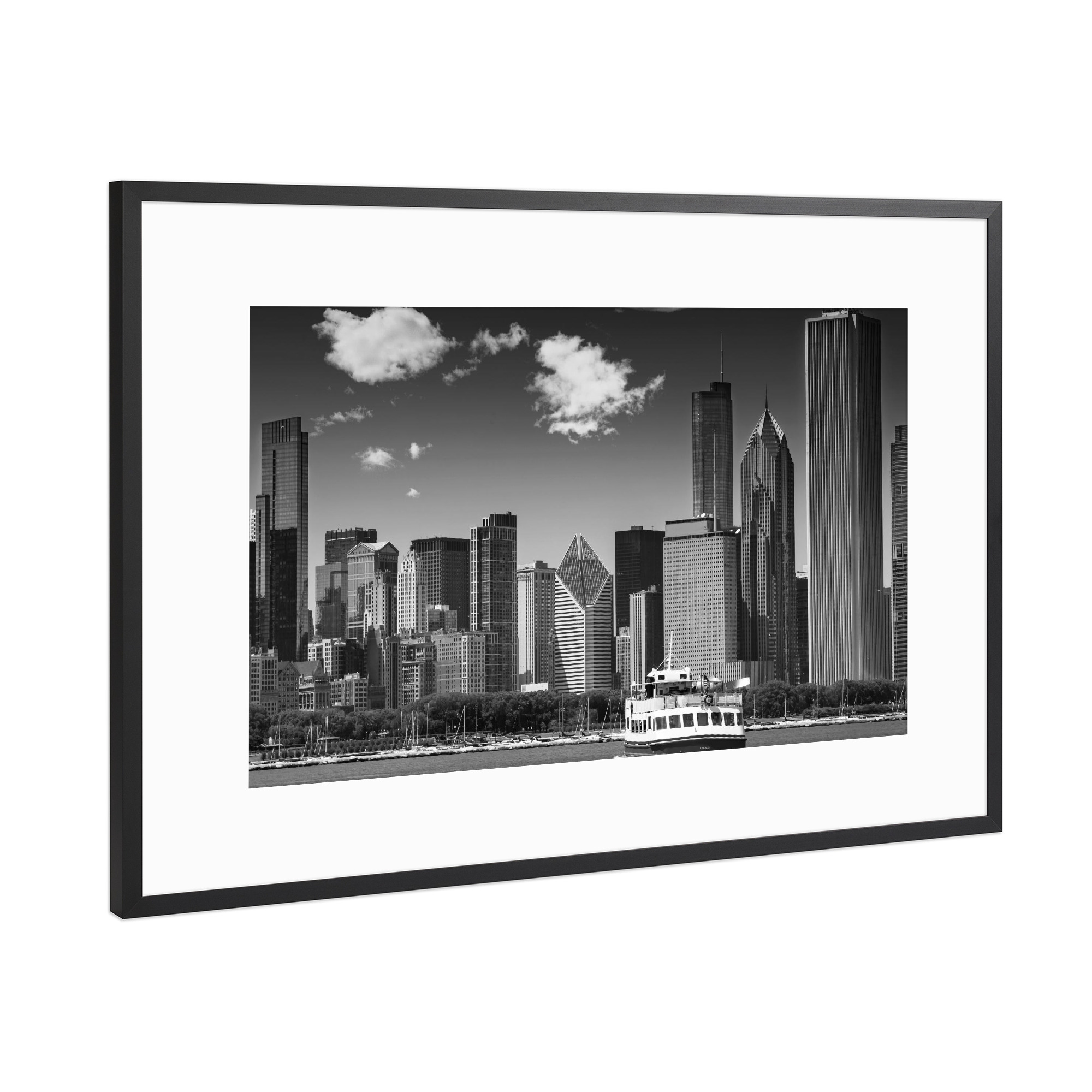 Poster mit Rahmen Schwarz (Metallic) "CHICAGO Skyline | Monochrom" artboxONE - Städte,Reise,Schwarzweiß,Architektur,Städte / Chicago,Reise / Länder