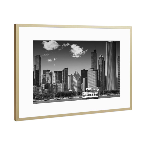 Poster mit Rahmen Gold "CHICAGO Skyline | Monochrom" artboxONE - Städte,Reise,Schwarzweiß,Architektur,Städte / Chicago,Reise / Länder