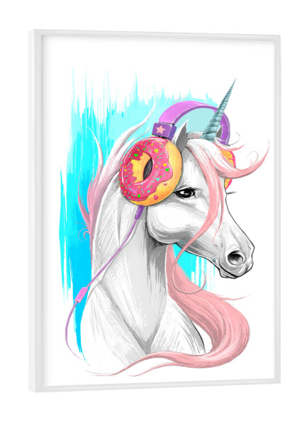 Poster mit weißem Rahmen "Unicorn in the headphones of donuts" artboxONE - Natur,Tiere,Musik,Fiktion,Festivals