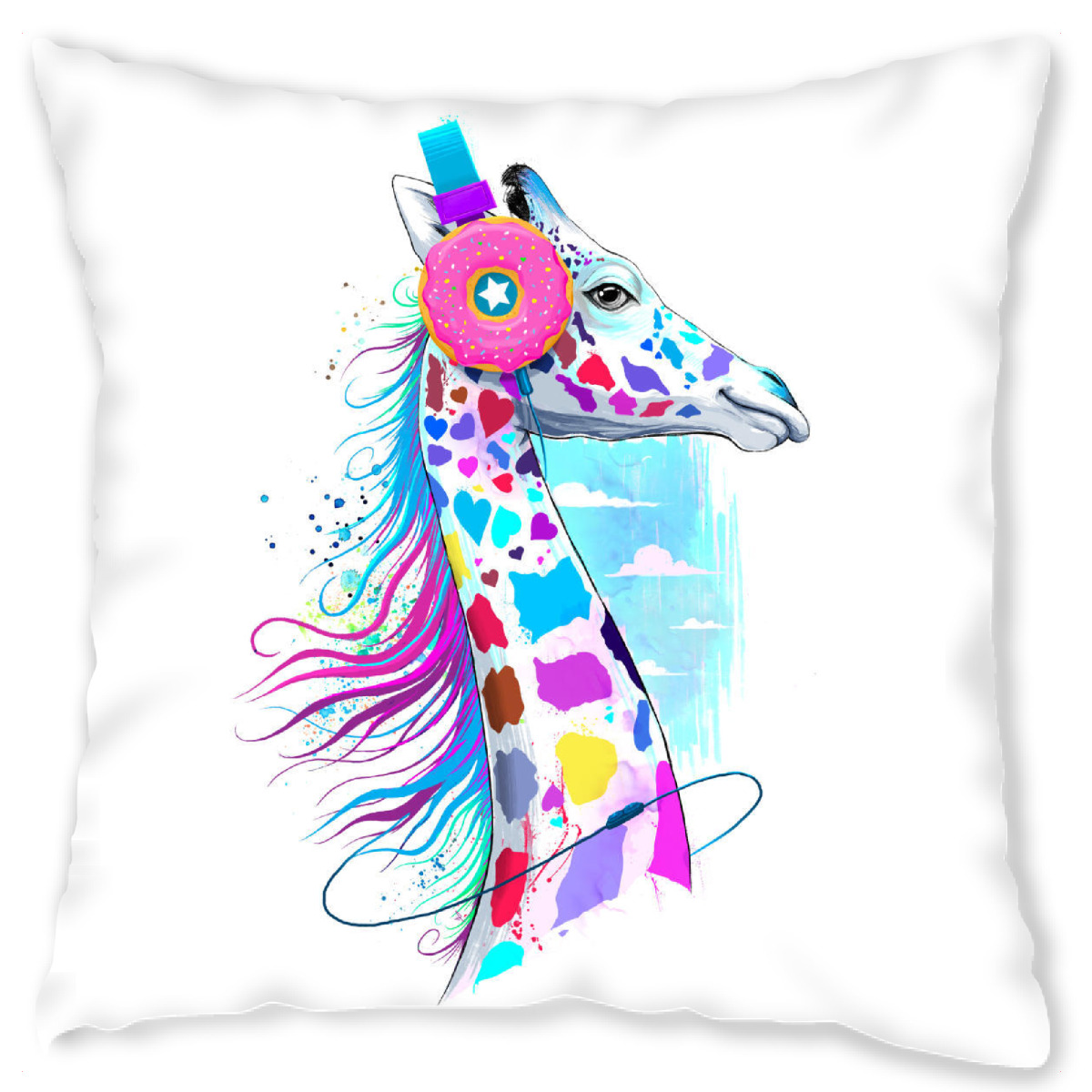 Design-Kissen "Giraffe in the headphones of donuts" artboxONE - Natur,Tiere,Musik,Fiktion,Festivals
