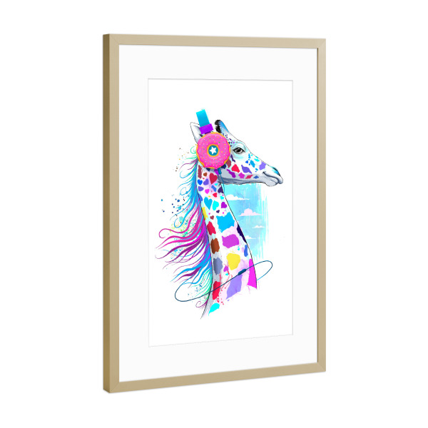 Poster mit Rahmen Gold "Giraffe in the headphones of donuts" artboxONE - Natur,Tiere,Musik,Fiktion,Festivals