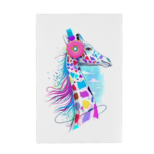 Metall Poster "Giraffe in the headphones of donuts" artboxONE - Natur,Tiere,Musik,Fiktion,Festivals