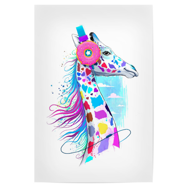 Poster "Giraffe in the headphones of donuts" artboxONE - Natur,Tiere,Musik,Fiktion,Festivals