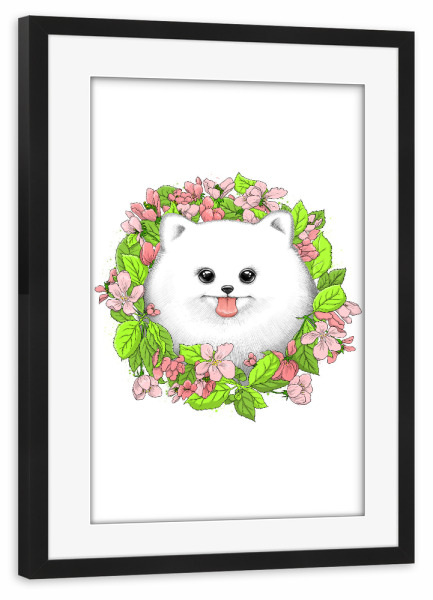 Poster mit Rahmen schwarz "Pomeranian in flowers" artboxONE - Natur,Floral,Tiere,Festivals