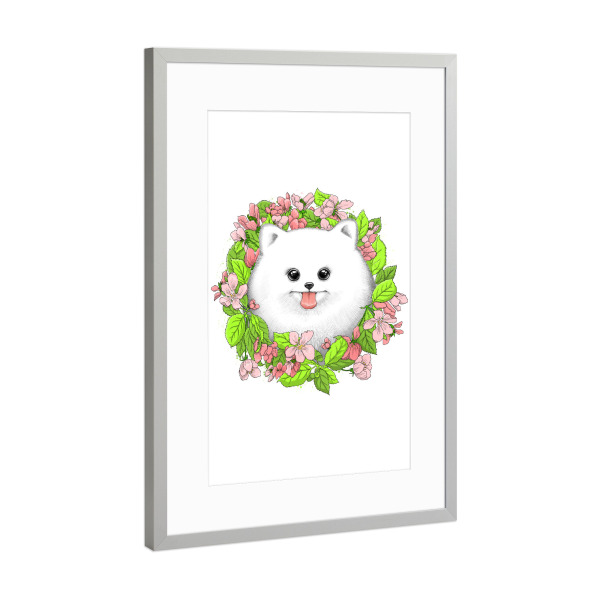 Poster mit Rahmen Silber "Pomeranian in flowers" artboxONE - Natur,Floral,Tiere,Festivals
