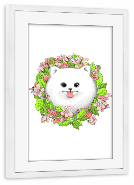 Poster mit Rahmen weiß "Pomeranian in flowers" artboxONE - Natur,Floral,Tiere,Festivals
