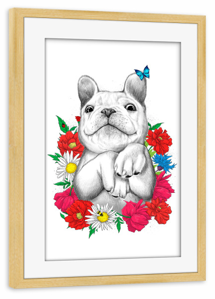 Poster mit Rahmen kiefer "Dog in flowers" artboxONE - Natur,Floral,Tiere,Festivals