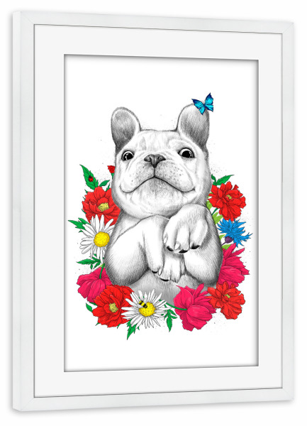 Poster mit Rahmen weiß "Dog in flowers" artboxONE - Natur,Floral,Tiere,Festivals