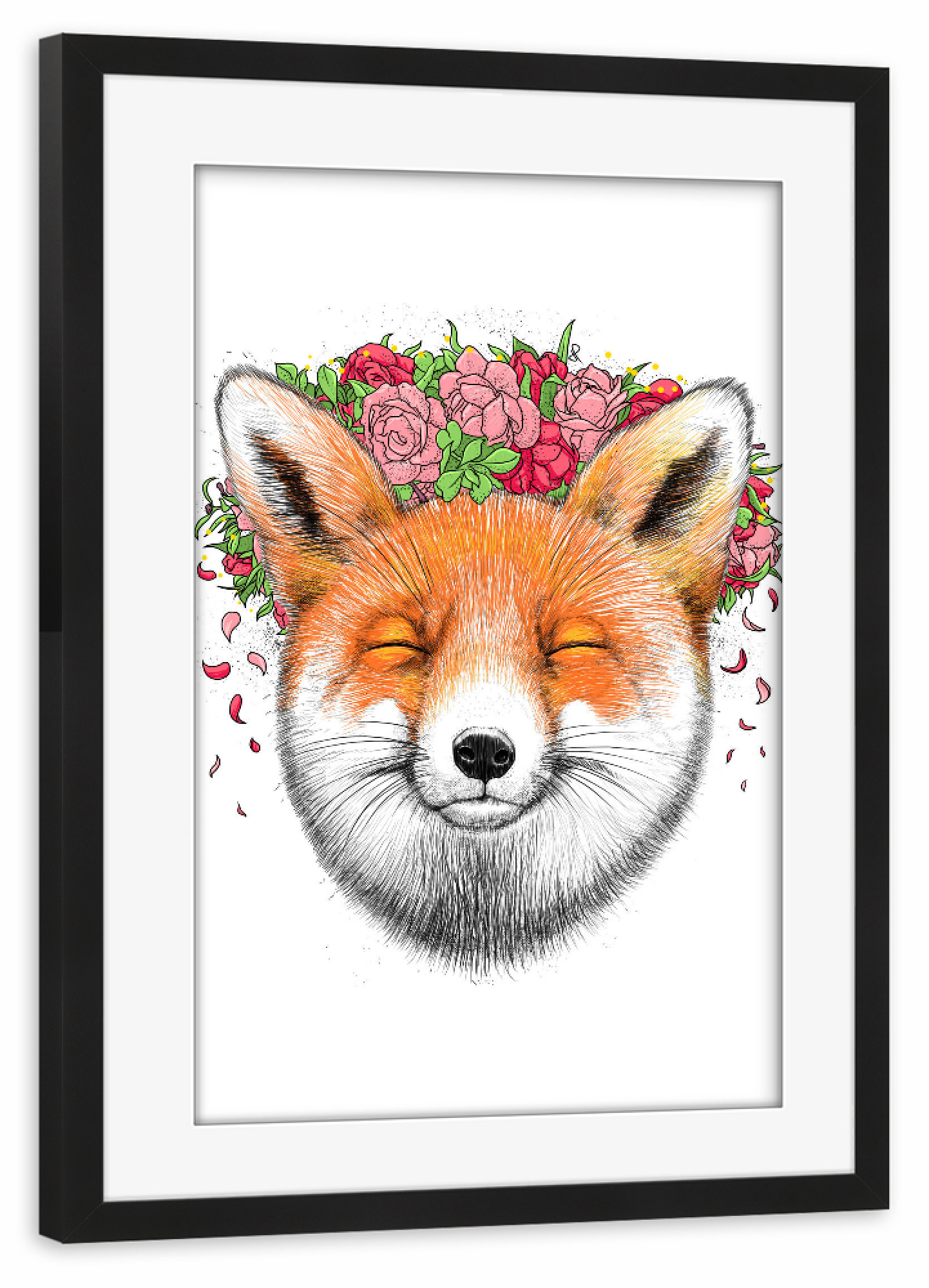 Poster mit Rahmen schwarz "Fox with flowers" artboxONE - Natur,Floral,Tiere,Festivals