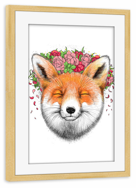 Poster mit Rahmen kiefer "Fox with flowers" artboxONE - Natur,Floral,Tiere,Festivals