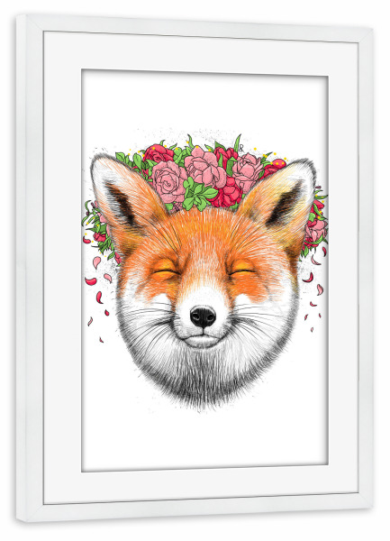 Poster mit Rahmen weiß "Fox with flowers" artboxONE - Natur,Floral,Tiere,Festivals