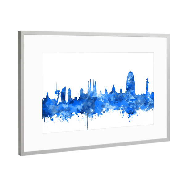 Poster mit Rahmen Silber "Barcelona city skyline watercolor blue" artboxONE - Städte,Reise,Abstrakt,Architektur,Städte / Barcelona