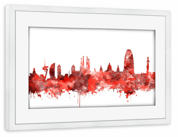 Poster mit Rahmen weiß "Barcelona city skyline watercolor red" artboxONE - Städte,Reise,Abstrakt,Architektur,Städte / Barcelona