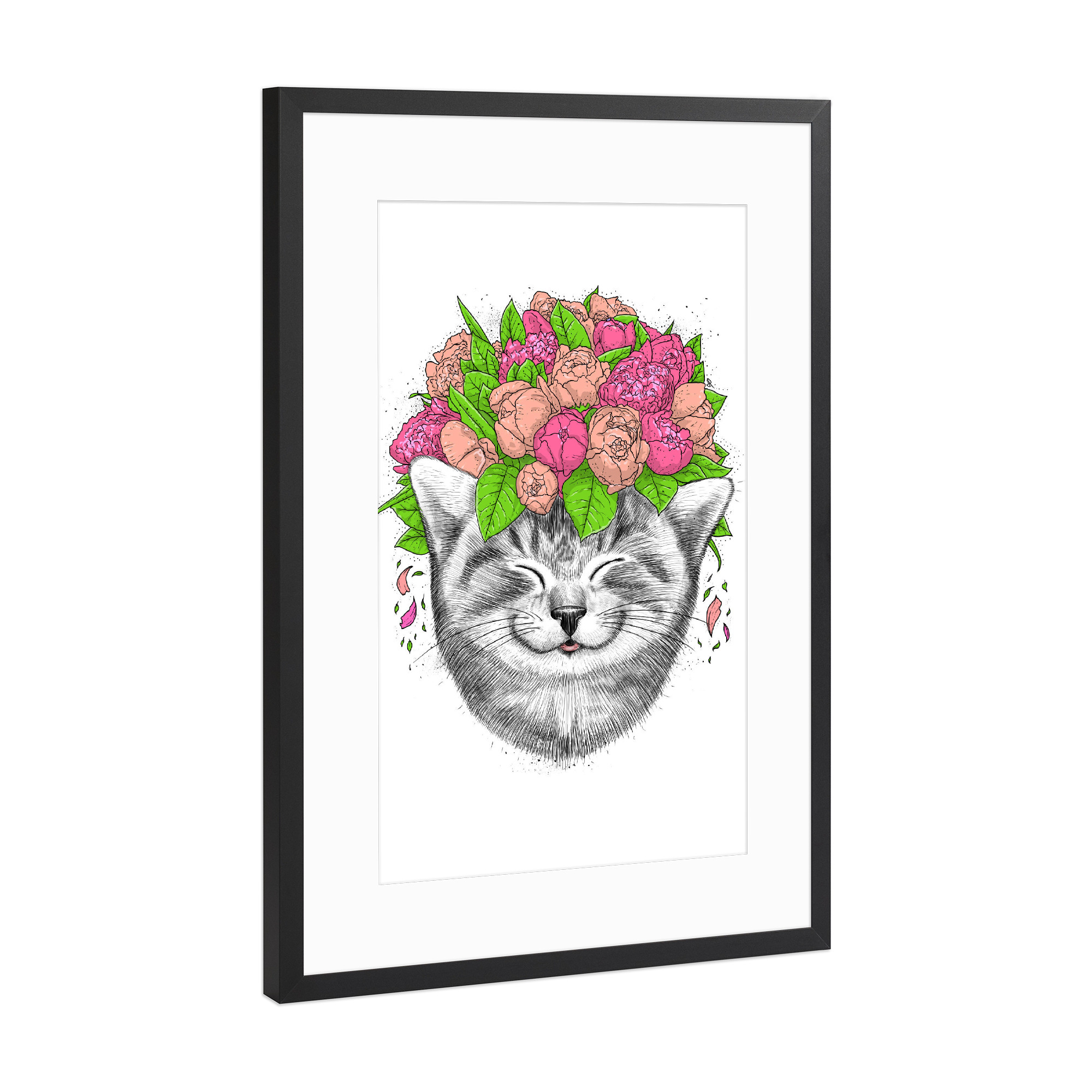Poster mit Rahmen Schwarz (Metallic) "Cat with flowers" artboxONE - Natur,Floral,Tiere,Festivals