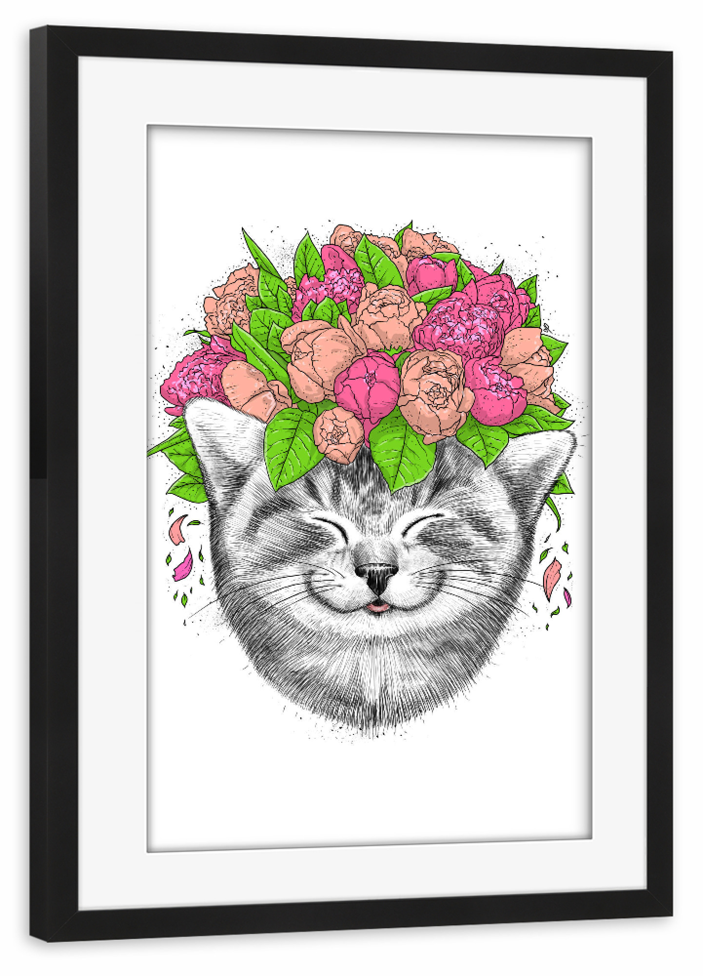 Poster mit Rahmen schwarz "Cat with flowers" artboxONE - Natur,Floral,Tiere,Festivals