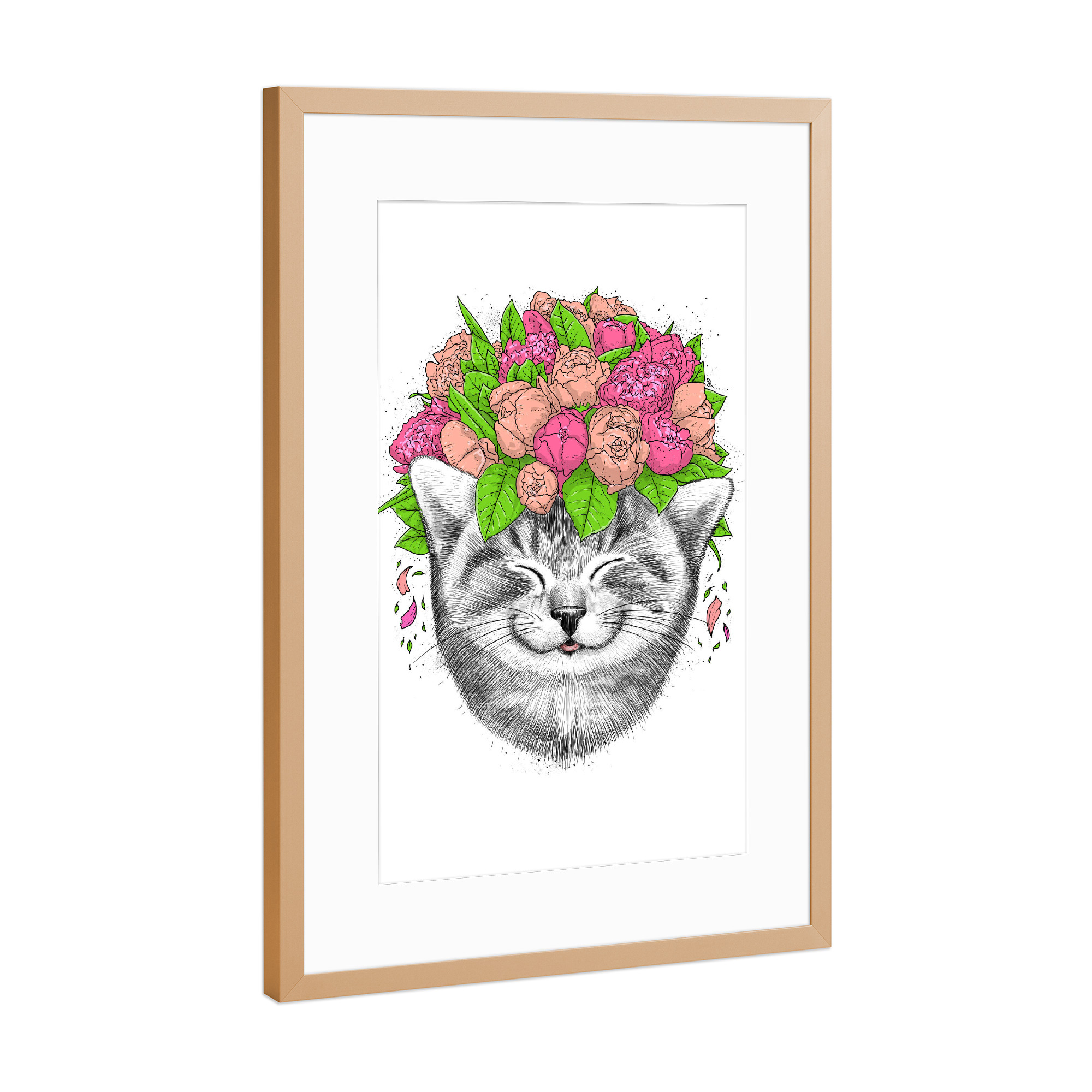 Poster mit Rahmen Kupfer "Cat with flowers" artboxONE - Natur,Floral,Tiere,Festivals