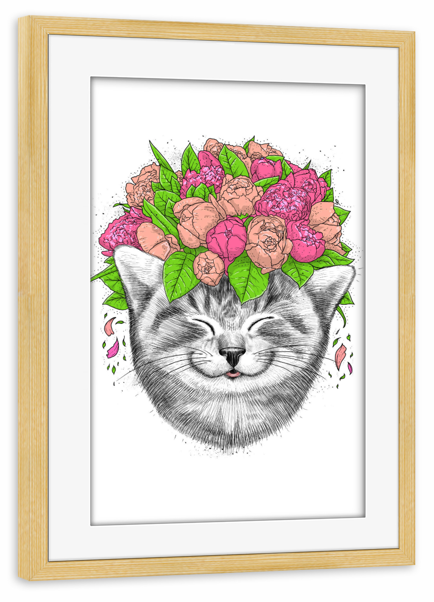 Poster mit Rahmen kiefer "Cat with flowers" artboxONE - Natur,Floral,Tiere,Festivals