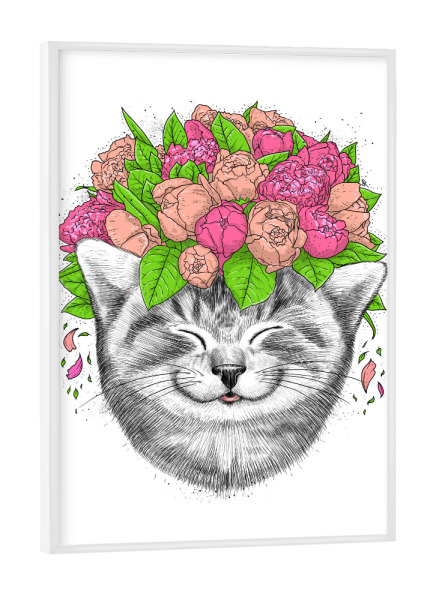 Poster mit weißem Rahmen "Cat with flowers" artboxONE - Natur,Floral,Tiere,Festivals