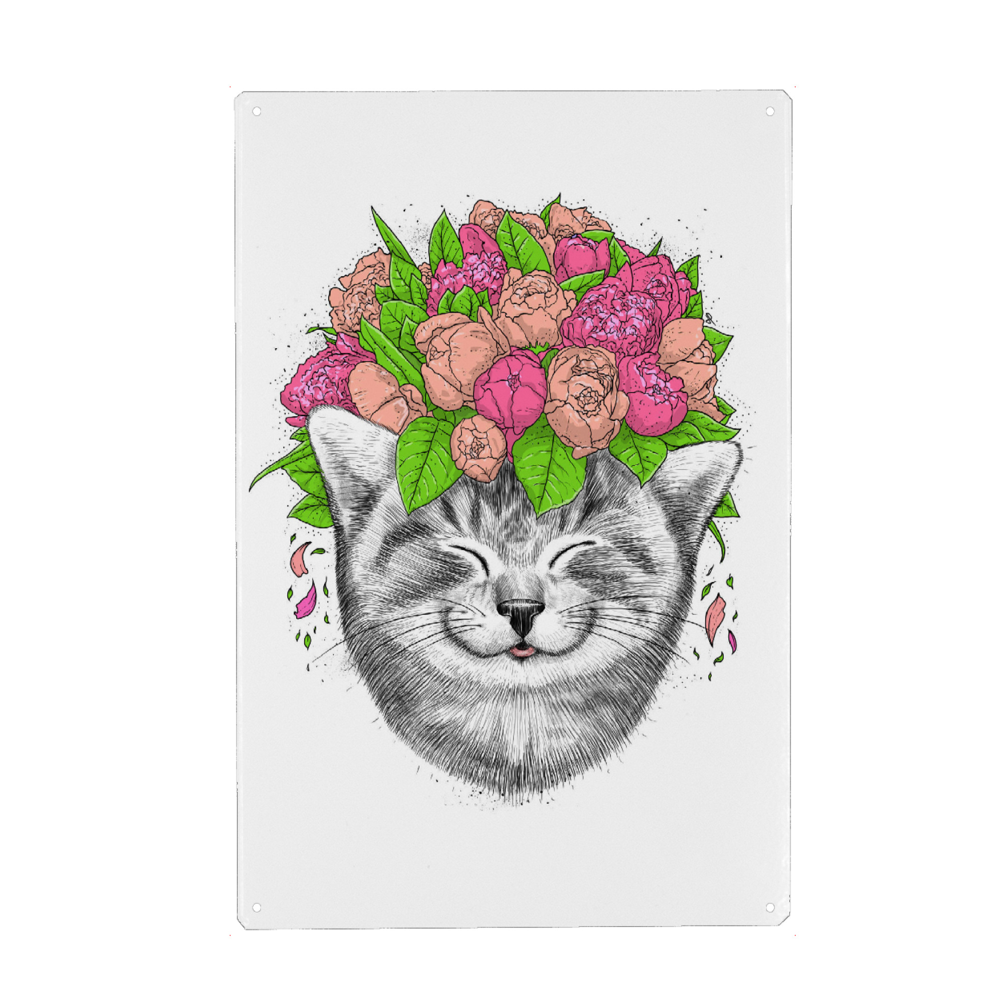 Holzbild "Cat with flowers" artboxONE - Natur,Floral,Tiere,Festivals