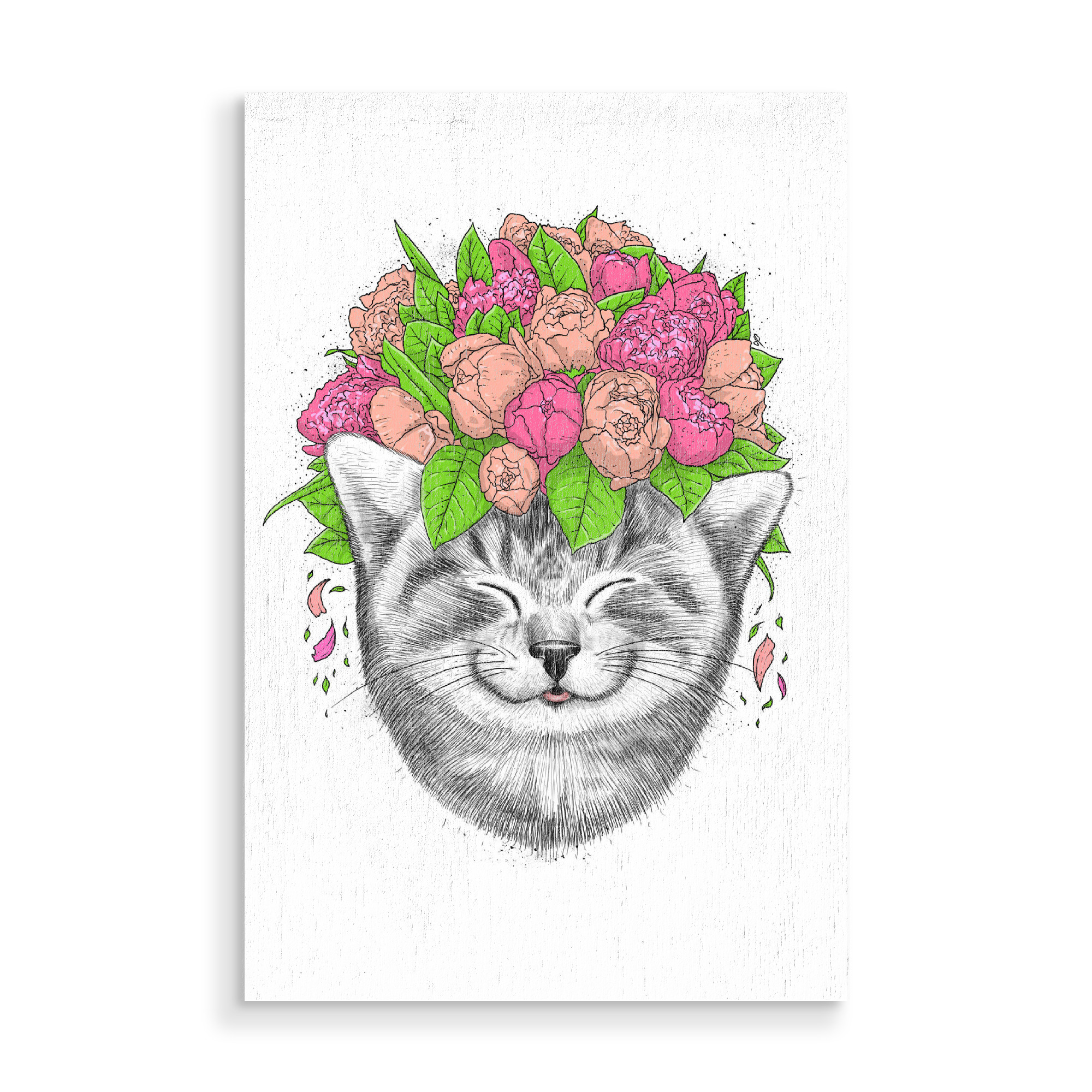 Holzbild "Cat with flowers" artboxONE - Natur,Floral,Tiere,Festivals