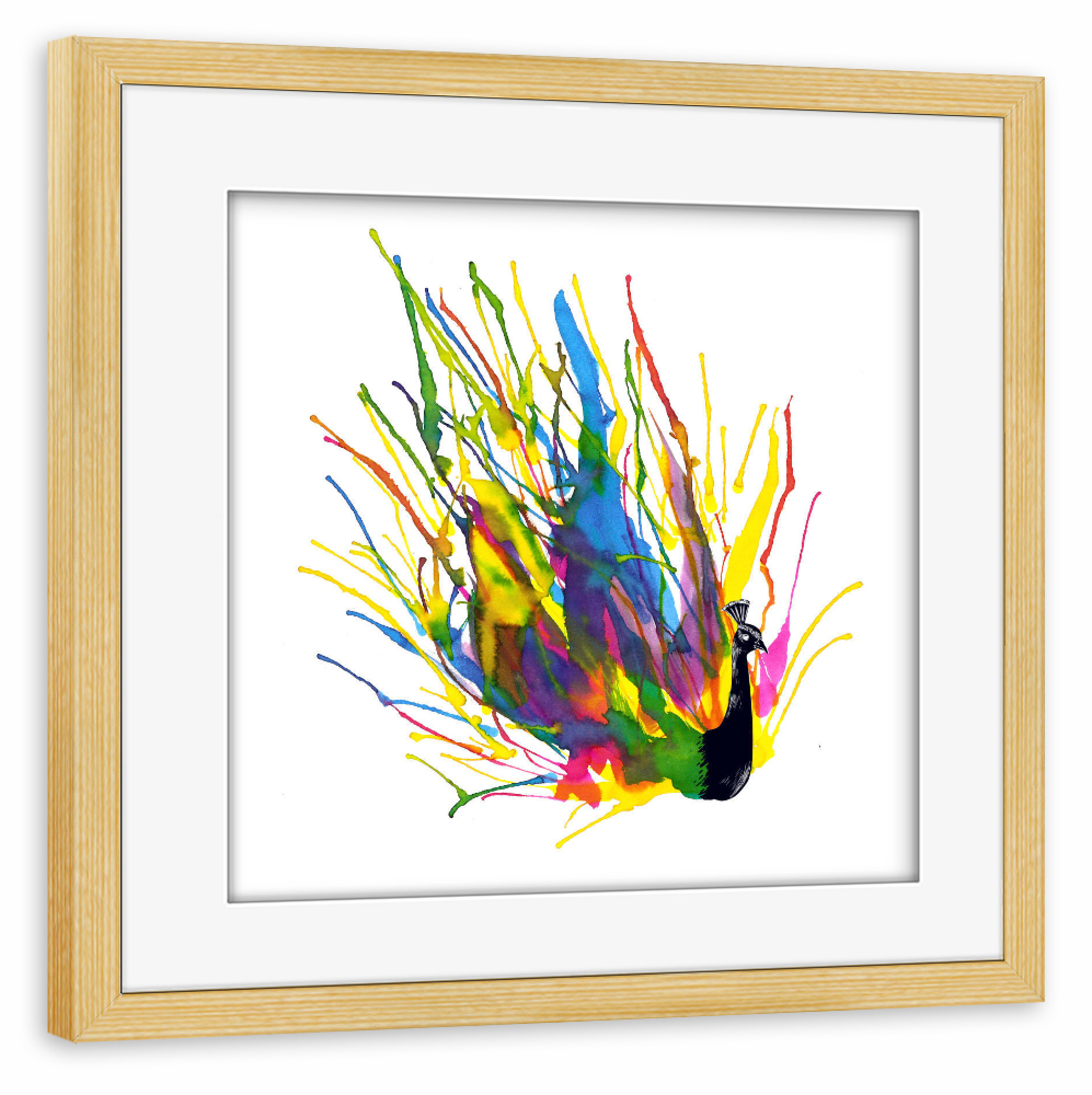 Poster mit Rahmen kiefer "Colorful Peacock" artboxONE - Tiere - Tiere,Pfau,Vögel,Aquarell,Niedlich,Lustig,Cool,Pfau,Bunt,Abstrakt