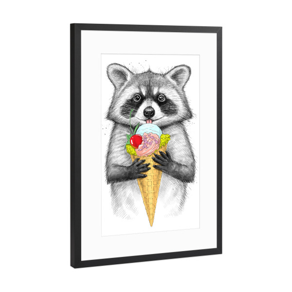 Poster mit Rahmen Schwarz (Metallic) "Raccoon with ice cream" artboxONE - Natur,Tiere,Essen & Trinken,Festivals