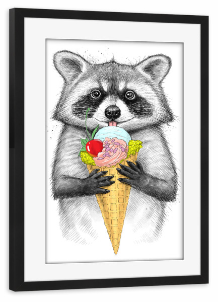 Poster mit Rahmen schwarz "Raccoon with ice cream" artboxONE - Natur,Tiere,Essen & Trinken,Festivals