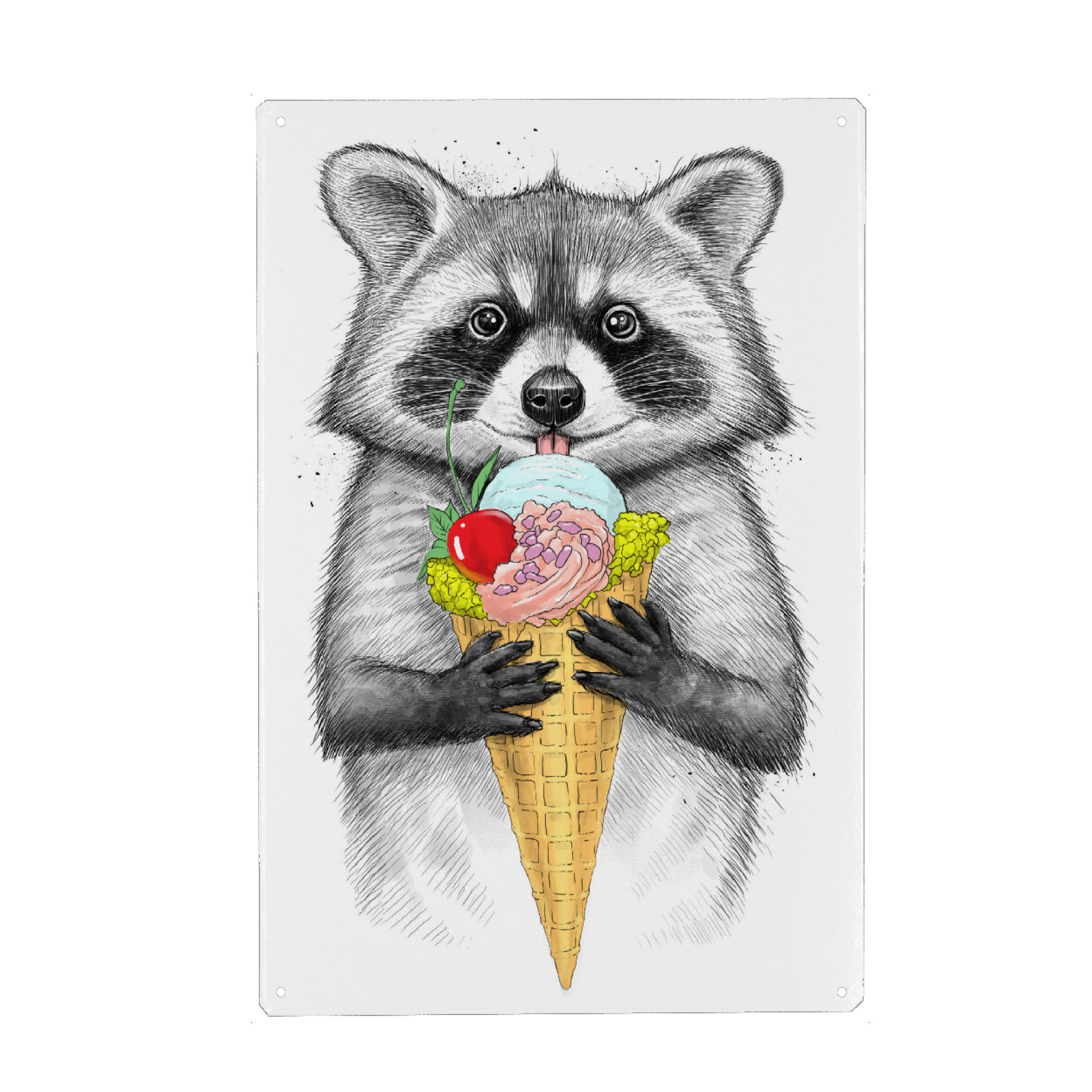 Holzbild "Raccoon with ice cream" artboxONE - Natur,Tiere,Essen & Trinken,Festivals