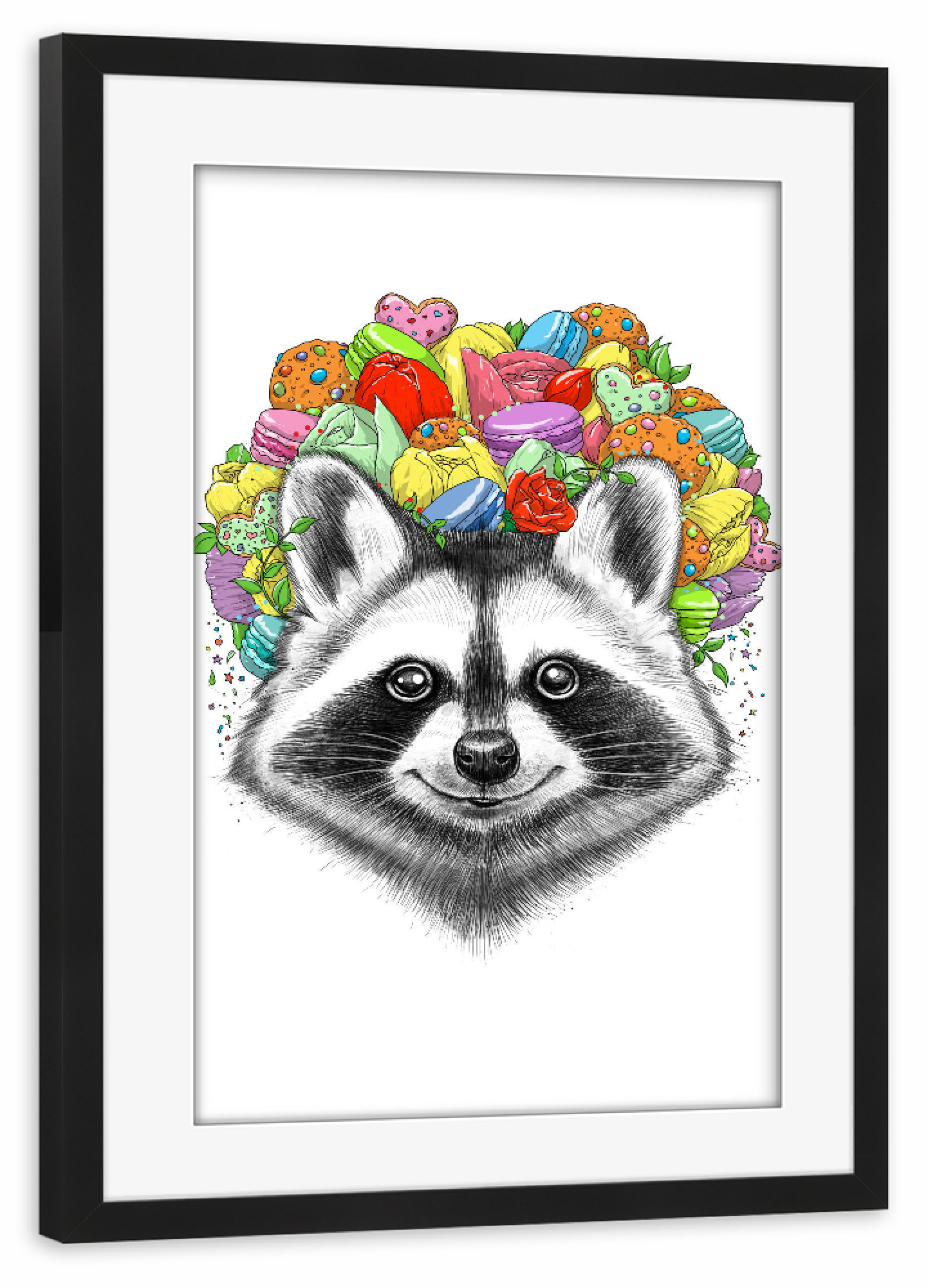 Poster mit Rahmen schwarz "Raccoon with a bouquet" artboxONE - Natur,Tiere,Essen & Trinken,Festivals