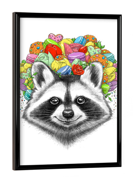 Poster mit schwarzem Rahmen "Raccoon with a bouquet" artboxONE - Natur,Tiere,Essen & Trinken,Festivals