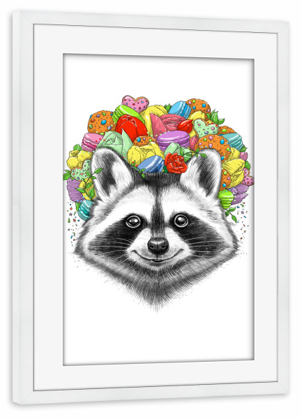 Poster mit Rahmen weiß "Raccoon with a bouquet" artboxONE - Natur,Tiere,Essen & Trinken,Festivals