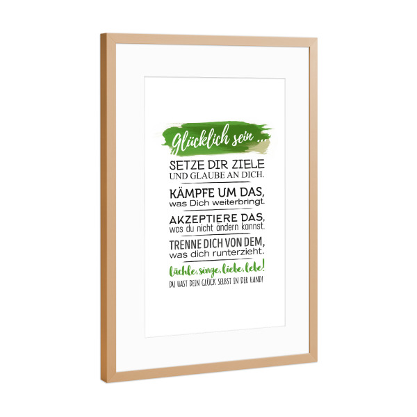 Poster mit Rahmen Kupfer "Glücklich sein" artboxONE - Typografie,Schwarzweiß